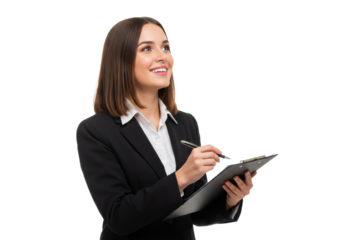 A professional young woman with brown hair, wearing a black suit and white shirt, holding a clipboard and pen isolated on transparent background