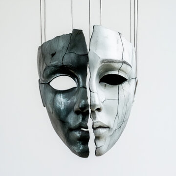 A black and white cracked theatrical mask suspended by strings, symbolizing duality, identity, and emotional conflict in art.
