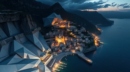 Coastal Town at Dusk: Geometric Architecture and Serene Harbor