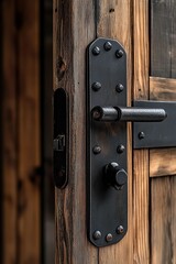 Obraz premium Close-up of rustic wooden door with black metal handle and bolts, combining modern industrial design with traditional craftsmanship. Rich wood texture adds warmth to detail.