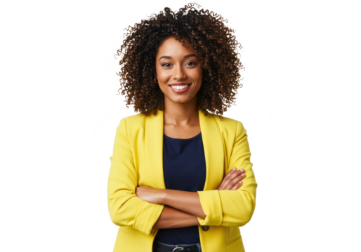 A confident woman with natural curly hair, wearing a bright yellow blazer and a navy top, standing with arms crossed isolated on transparent background