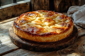 Fresh baked apple pie on wooden table.