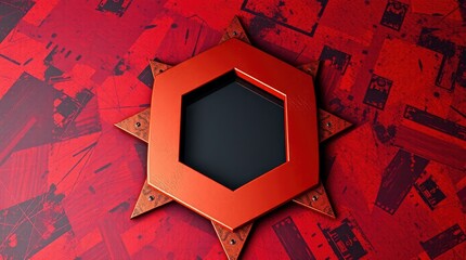 Red Hexagonal Emblem: A Grunge-Style Metal Design