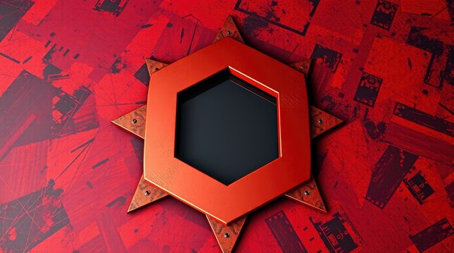 Red Hexagonal Emblem: A Grunge-Style Metal Design