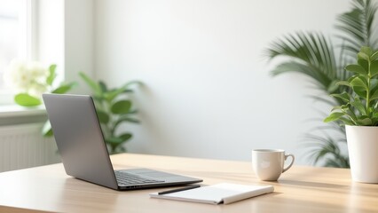 Closed Laptop Mockup, Laptop on light wood desk with coffee cup Scandinavian workspace with clear background photorealistic.