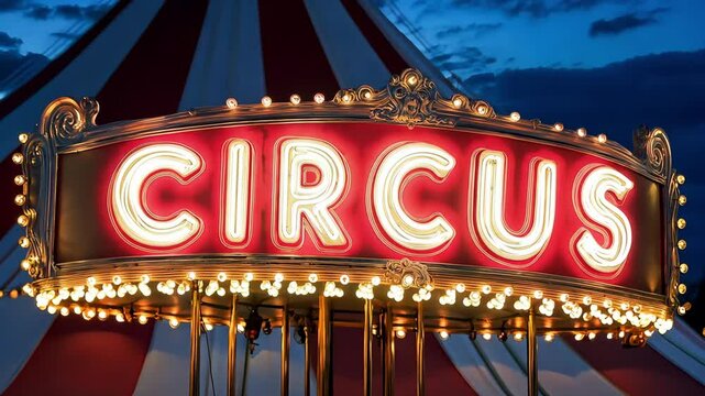 The circus sign shines brightly against a deepening evening sky, time lapse