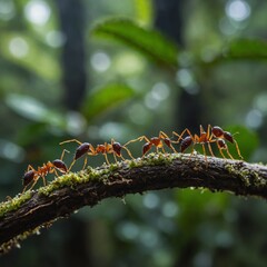 A group of tiny ants marching along a tree branch in the rainforest, side-view, with a blurred background.