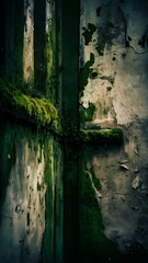 Texture of old wall covered with peeling paint and moss