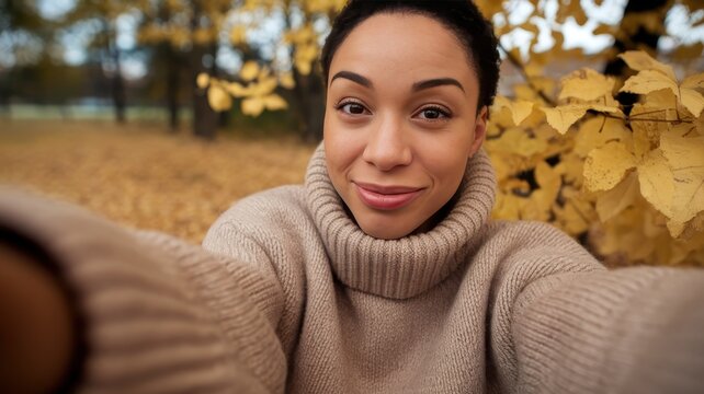A young woman of mixed ethnicity smiles warmly at the camera, wrapped in a cozy oversized sweater amidst golden autumn leaves.