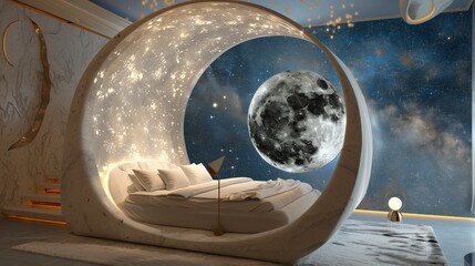 Interior of a bedroom on moon theme