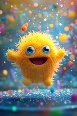 Fototapeta premium Bright yellow fuzzy character with big blue eyes surrounded by confetti and colorful sparkles. Playful and joyful atmosphere inspires creativity and celebration of fun moments.