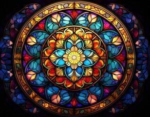 Beautiful colourful stained glass window in old medieval stone building.