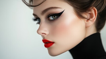 Model showcases dramatic eyeliner and vibrant red lips under soft lighting