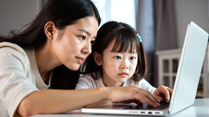 Asian mother and daughter working together on a laptop, exploring digital safety – concept of cybersecurity, online privacy for children, and family engagement with technology