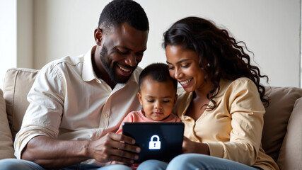 African american family with child using a tablet, showing a lock symbol on the screen – concept of family digital security and safe internet usage