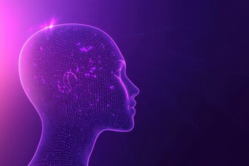 Artificial Intelligence concept with digital human head silhouette and binary code background illustration, AI technology for business data analysis in purple and blue color tones Generative AI