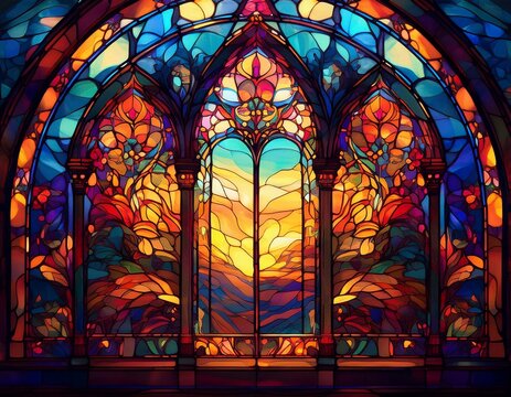 Beautiful colourful stained glass windows with sunlight shining through.