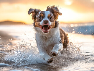Excited border collie dog running through ocean waves on the beach at sunset, full of joy and energy