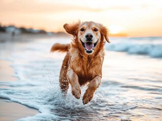 Happy golden retriever running through ocean waves on the beach at sunset, full of energy and joy