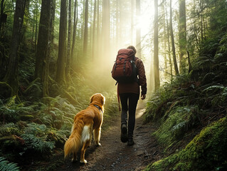 Travel with dog – Woman hiking through a lush green forest with her Golden Retriever loyal dog, exploring nature in the morning sunlight