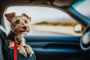 Travel with dog – Small dog secured in a car seat with a red leash, enjoying a road trip adventure