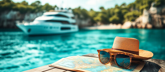 Luxury travel concept with sunglasses, straw hat, and a map on a wooden pier overlooking a yacht in a turquoise bay