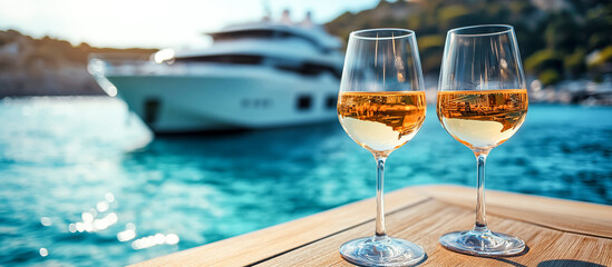 Luxurious seaside relaxation with two glasses of white wine on a wooden deck overlooking a yacht in a turquoise bay