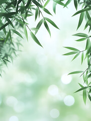 Fototapeta premium Bamboo Serenity: A tranquil image of lush green bamboo leaves, dappled with soft light, creates an airy and peaceful atmosphere. Perfect for evoking feelings of nature, relaxation, and tranquility. 