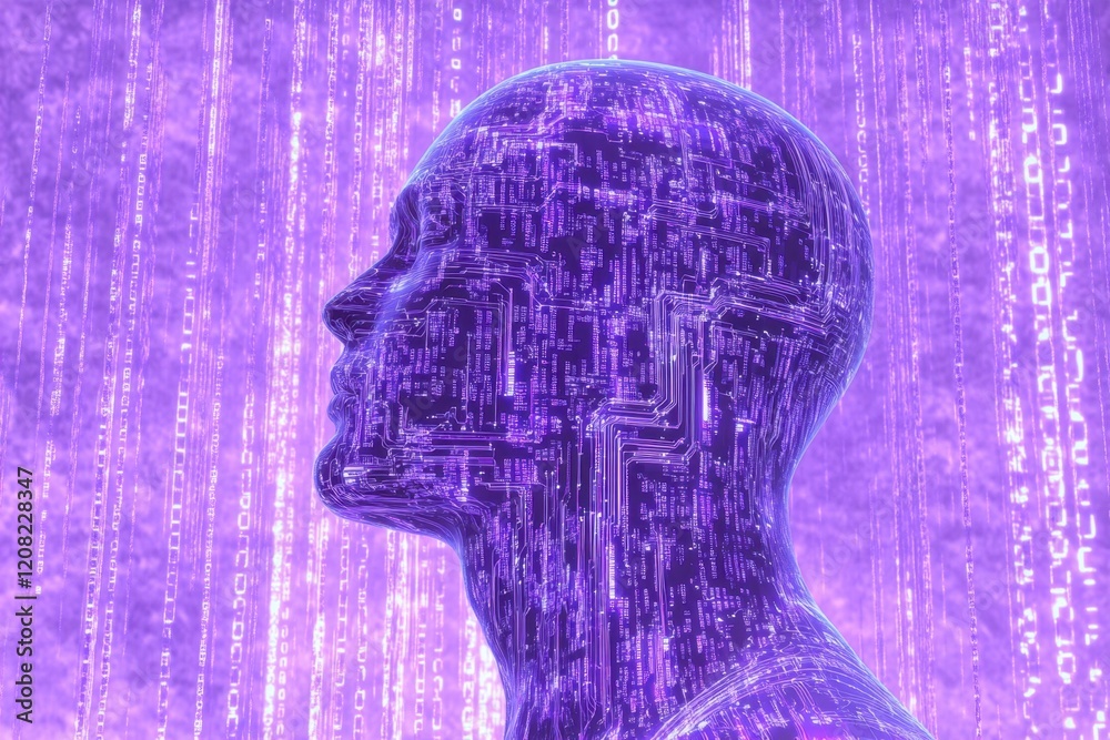 Poster artificial intelligence and streams of data flowing in the background, with a purple and blue color 