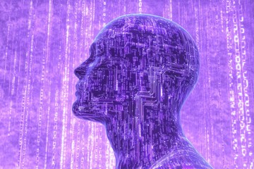 Artificial Intelligence and streams of data flowing in the background, with a purple and blue color scheme The head is made up of circuit board patterns with binary code running along Generative AI