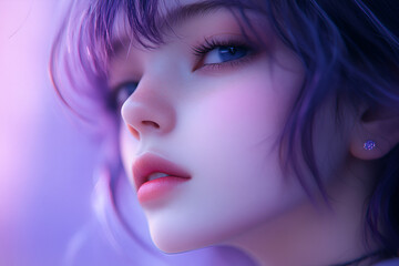 Fototapeta premium Dreamlike Gaze: A digital art portrait captures a beautiful young woman with striking blue eyes and soft violet hair, her gaze filled with an air of mystery and ethereal allure.