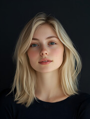 Naklejka premium Blond Beauty: A captivating portrait of a young woman with long, flowing blonde hair, piercing blue eyes, and a soft, delicate smile.