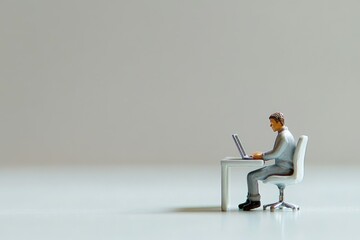 Miniature figure of a man working on a laptop at his desk, representing remote work or office life.