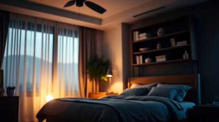 Serene Bedroom Interior: Dusk Lighting and Modern Design