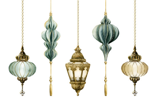 Hanging Lantern Clip Art Set. Arabic style golden lamp. Watercolor hand painted isolated illustration for Ramadan Eid