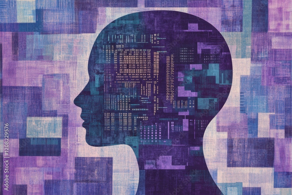 Poster artificial intelligence concept with circuit board and binary code in the silhouette of a human head