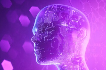 Abstract illustration of an artificial intelligence head with circuit board patterns, surrounded by binary code and hexagonal symbols on a purple background, creating the concept of AI Generative AI