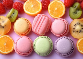 Obraz premium Gourmet Flat-Lay of Summer Treats: Popsicles, Tropical Fruits, and Pastel Macarons on Lavender Background