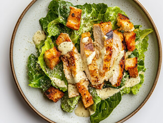 Elegant close-up of Caesar salad with chicken and croutons on a white background.