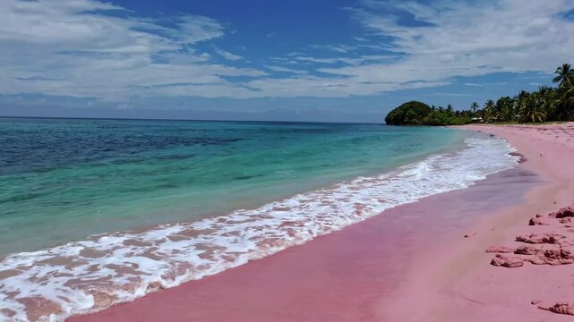 Crystal-clear turquoise water lapping at a pristine pink sand beach creates a breathtaking tropical paradise with swaying palm trees under a vibrant blue sky