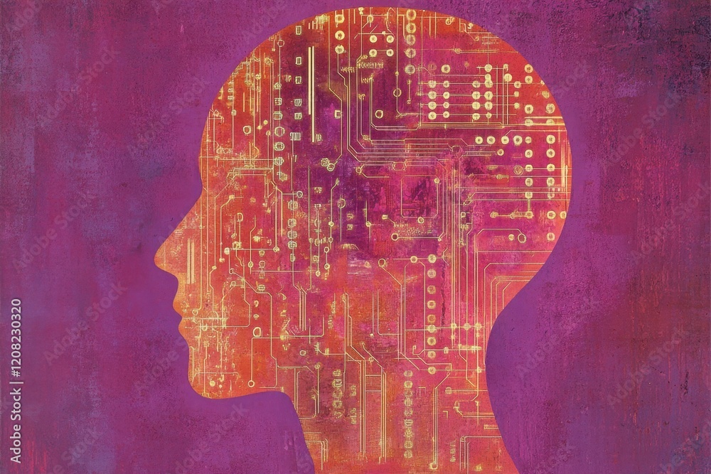 Poster artificial intelligence concept with circuit board and binary code in the silhouette of a human head