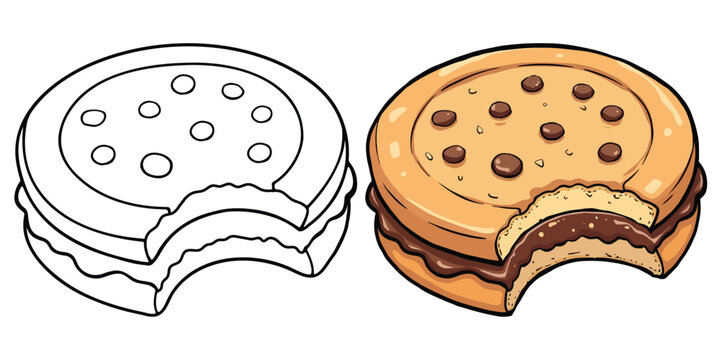 Peanut Butter Cookies Line Art Vector Illustration Black and White with Coloring Sample. Bold and Easy Food, Fruits, Sweets, Drinks, Dessert, and Snacks Coloring Pages for Adults and Kids