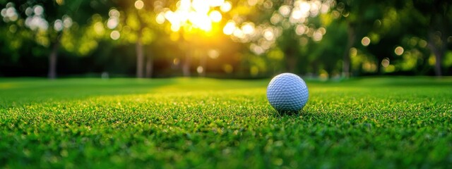 Golf ball on green grass in the evening golf course with sunshine background. Close-up golf ball on tee with blur green bokeh background.