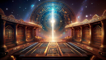 Metaphysical Akashic Records, Hall of records in a temple sitting in the cosmos. Akashic Records light of heaven, etheric energy hall of rememberance, spiritual, review, afterlife