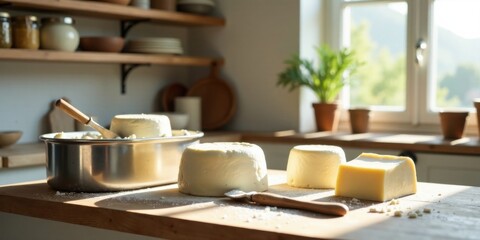 Fototapeta premium Artisan Cheesemaking in a Sunlit Kitchen Fresh Curds Prepared for Aging