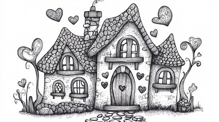 Naklejka premium Charming black and white illustration of a whimsical cottage adorned with hearts and unique textures.