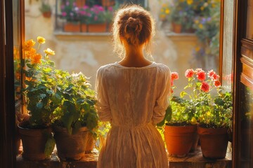 Young woman watering plants on balcony