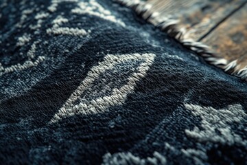 Close-up of a textured dark blue and grey rug with a unique pattern.