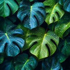 Fototapeta premium Vibrant Green Monstera Leaves With Water Droplets in Natural Light
