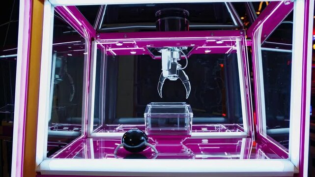 Claw crane arcade game with its claw descending to grab a prize inside a transparent box, illuminated by bright neon lights, creating a vibrant and playful atmosphere